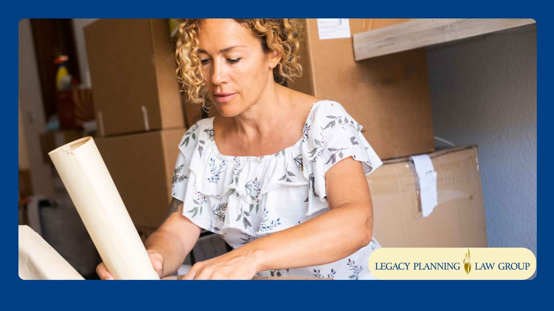 A woman organizing documents and items as a first-time executor